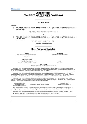 Thumbnail Rigel Pharmaceuticals 10-Q Quarterly Report FY2018 