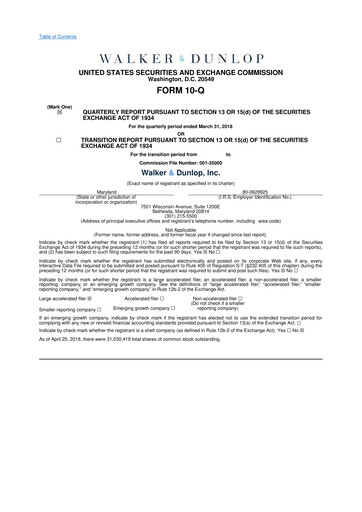 Miniature Walker & Dunlop

 10-Q Rapport trimestriel 2018 