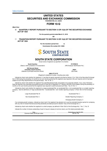 Thumbnail South State Corp 10-Q Quarterly Report FY2018 