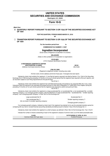 Thumbnail Ingredion 10-Q Quarterly Report FY2018 