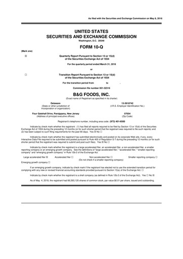 Miniature B&G Foods

 10-Q Rapport trimestriel 2018 