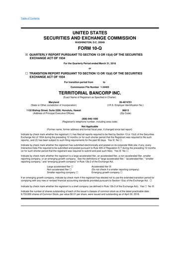 Thumbnail Territorial Bancorp
 10-Q Quarterly Report FY 