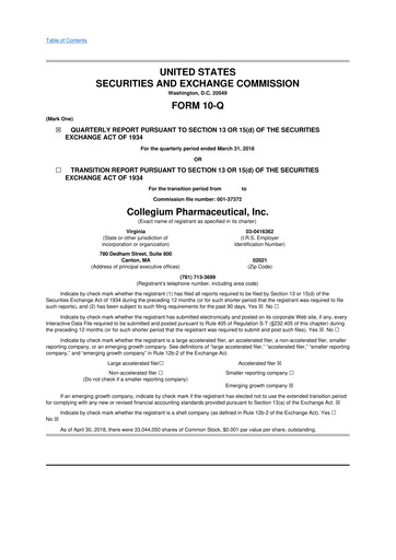 Miniature Collegium Pharmaceutical
 10-Q Rapport trimestriel 2018 