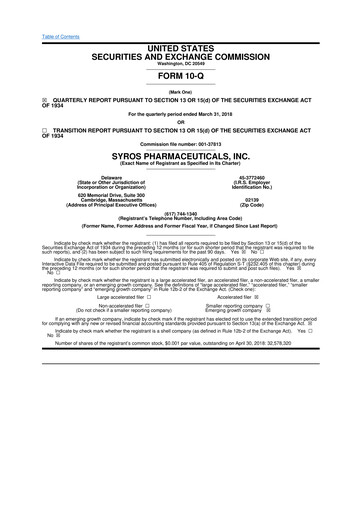 Thumbnail Syros Pharmaceuticals
 10-Q Quarterly Report FY2018 