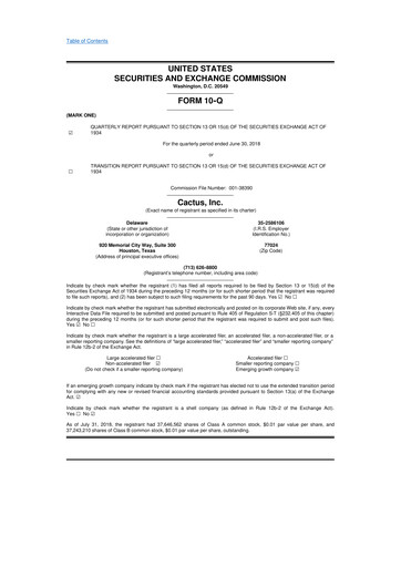 Thumbnail Cactus Inc 10-Q Quarterly Report FY2018 