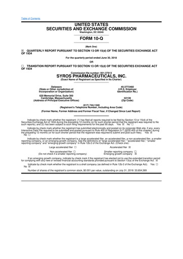 Thumbnail Syros Pharmaceuticals
 10-Q Quarterly Report FY2018 