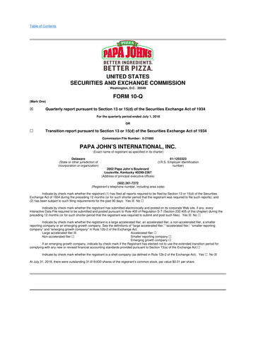 Miniature Papa John's Pizza
 10-Q Rapport trimestriel 2018 