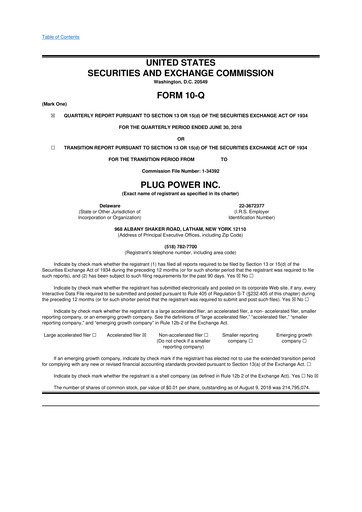 Thumbnail Plug Power 10-Q Quarterly Report FY 