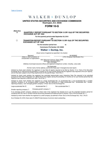 Miniature Walker & Dunlop

 10-Q Rapport trimestriel 2018 