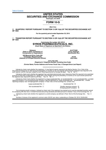 Thumbnail Syros Pharmaceuticals
 10-Q Quarterly Report FY2018 