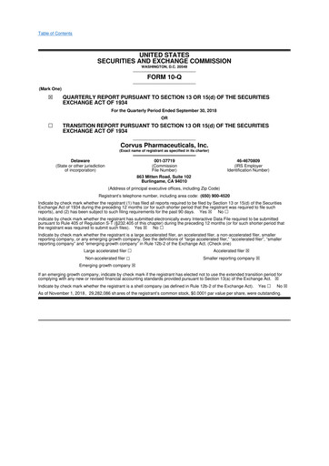 Thumbnail Corvus Pharmaceuticals
 10-Q Quarterly Report FY 