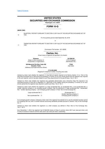 Thumbnail Cactus Inc 10-Q Quarterly Report FY2018 