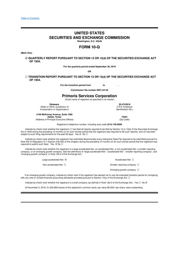 Thumbnail Primoris Services Corporation
 10-Q Quarterly Report FY2018 