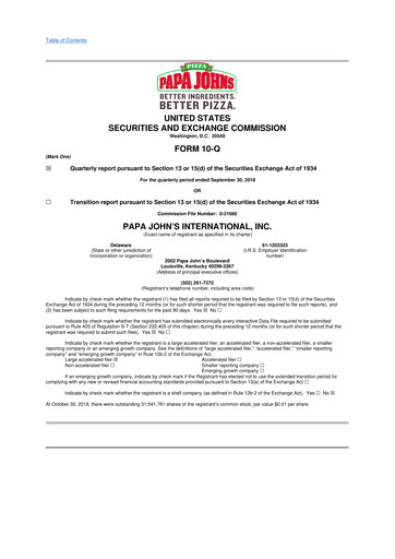 Miniature Papa John's Pizza
 10-Q Rapport trimestriel 2018 