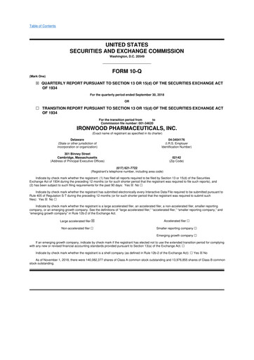 Miniature Ironwood Pharmaceuticals
 10-Q Rapport trimestriel 2018 