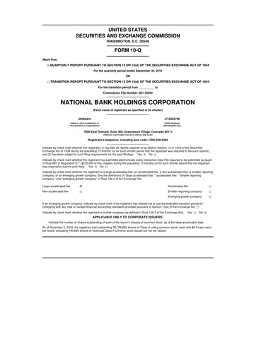 Thumbnail National Bank Holdings
 10-Q Quarterly Report FY2018 