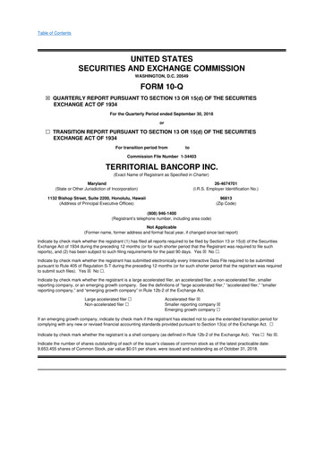 Thumbnail Territorial Bancorp
 10-Q Quarterly Report FY 