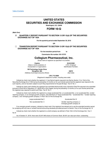 Miniature Collegium Pharmaceutical
 10-Q Rapport trimestriel 2018 