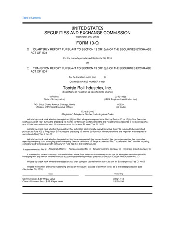 Thumbnail Tootsie Roll Industries
 10-Q Quarterly Report FY2018 