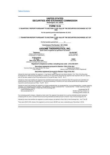 Thumbnail Axsome Therapeutics
 10-Q Quarterly Report FY2018 