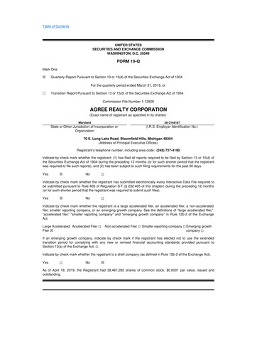 Thumbnail Agree Realty
 10-Q Quarterly Report FY2019 