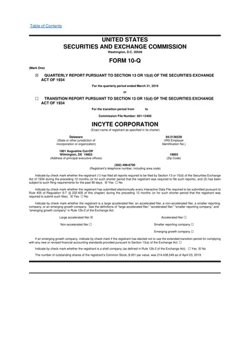 Thumbnail Incyte 10-Q Quarterly Report FY2019 