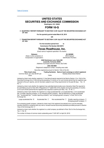 Thumbnail Texas Roadhouse
 10-Q Quarterly Report FY2019 