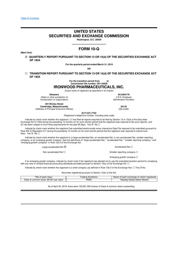 Miniature Ironwood Pharmaceuticals
 10-Q Rapport trimestriel 2019 