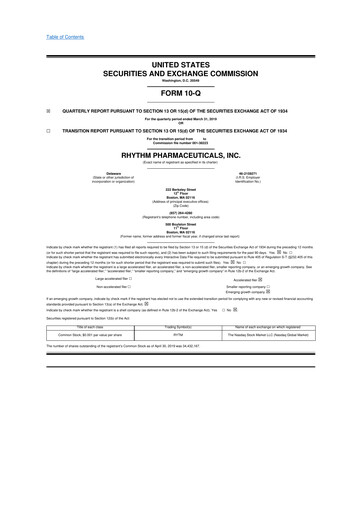 Miniature Rhythm Pharmaceuticals 10-Q Rapport trimestriel 2019 