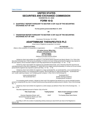 Vorschaubild Adaptimmune Therapeutics 10-Q Quartalsbericht 2019 