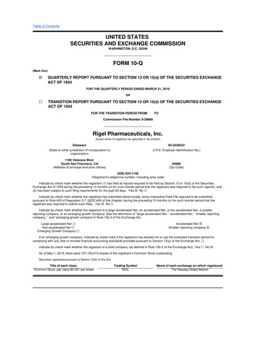 Thumbnail Rigel Pharmaceuticals 10-Q Quarterly Report FY2019 
