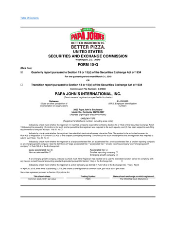 Miniature Papa John's Pizza
 10-Q Rapport trimestriel  