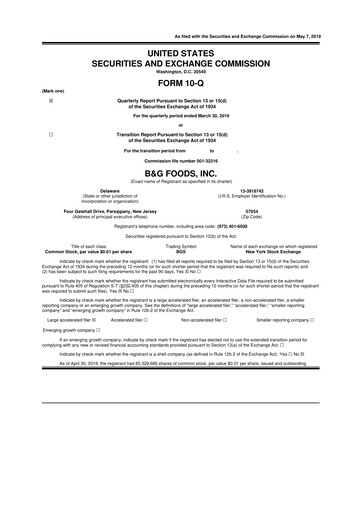 Miniature B&G Foods

 10-Q Rapport trimestriel 2019 