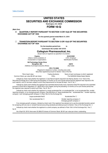 Miniature Collegium Pharmaceutical
 10-Q Rapport trimestriel 2019 