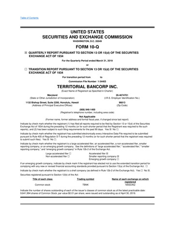 Thumbnail Territorial Bancorp
 10-Q Quarterly Report FY 