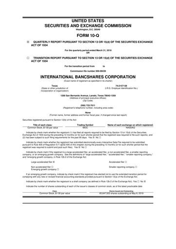 Thumbnail International Bancshares Corp 10-Q Quarterly Report FY2019 