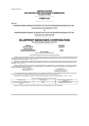 Miniature Blueprint Medicines
 10-Q Rapport trimestriel 2019 