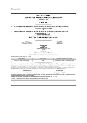 Miniature Rhythm Pharmaceuticals 10-Q Rapport trimestriel 2019 