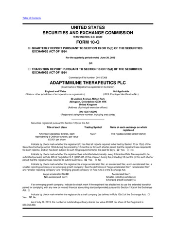 Vorschaubild Adaptimmune Therapeutics 10-Q Quartalsbericht 2019 