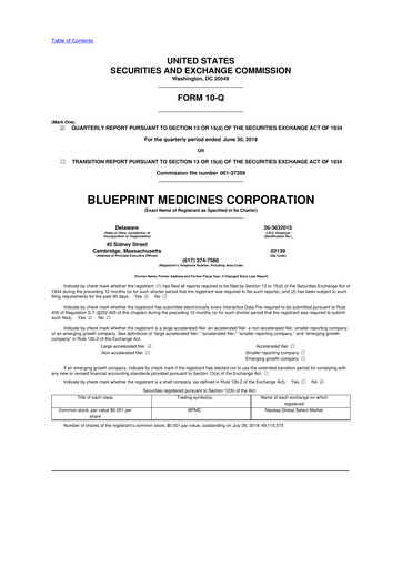 Miniature Blueprint Medicines
 10-Q Rapport trimestriel 2019 