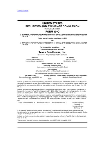 Thumbnail Texas Roadhouse
 10-Q Quarterly Report FY2019 