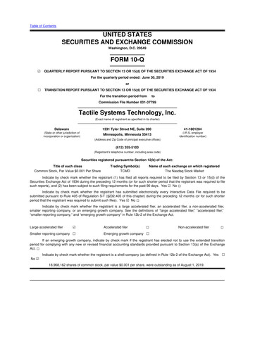 Thumbnail Tactile Medical 10-Q Quarterly Report FY2019 