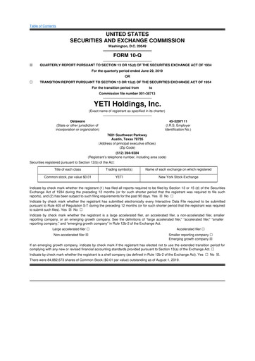 Thumbnail YETI Holdings
 10-Q Quarterly Report FY2019 