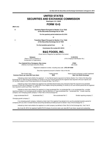 Miniature B&G Foods

 10-Q Rapport trimestriel 2019 