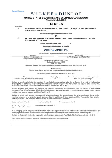 Miniature Walker & Dunlop

 10-Q Rapport trimestriel 2019 