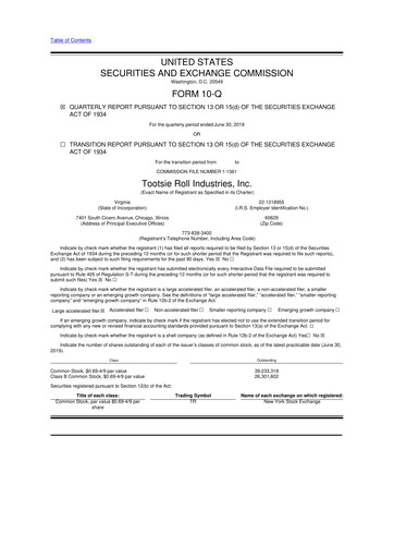 Thumbnail Tootsie Roll Industries
 10-Q Quarterly Report FY2019 