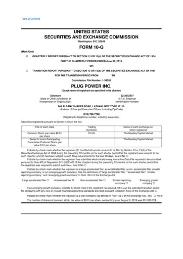 Thumbnail Plug Power 10-Q Quarterly Report FY 