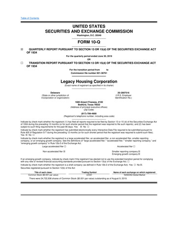 Thumbnail Legacy Housing Corporation 10-Q Quarterly Report FY2019 