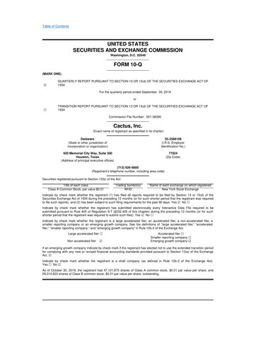 Thumbnail Cactus Inc 10-Q Quarterly Report FY2019 