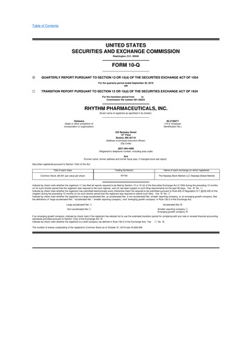 Miniature Rhythm Pharmaceuticals 10-Q Rapport trimestriel 2019 